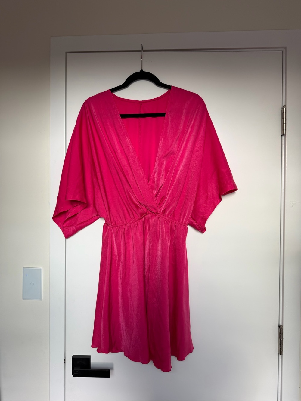 Bright Fuchsia V-Neck Short Dress satin